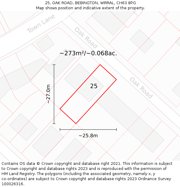 25, OAK ROAD, BEBINGTON, WIRRAL, CH63 8PG: Plot and title map