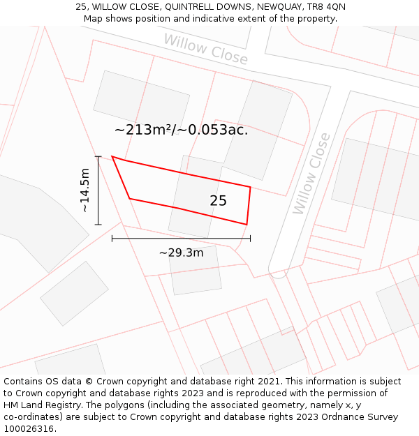 25, WILLOW CLOSE, QUINTRELL DOWNS, NEWQUAY, TR8 4QN: Plot and title map
