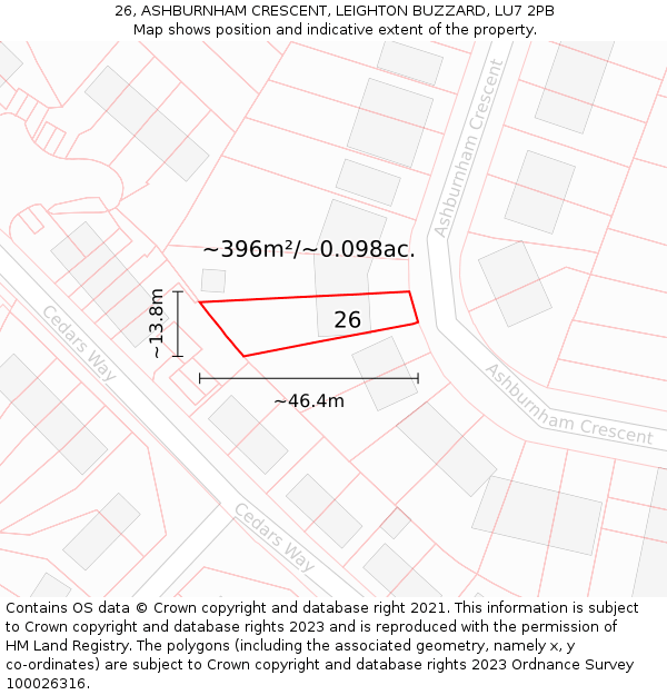 26, ASHBURNHAM CRESCENT, LEIGHTON BUZZARD, LU7 2PB: Plot and title map