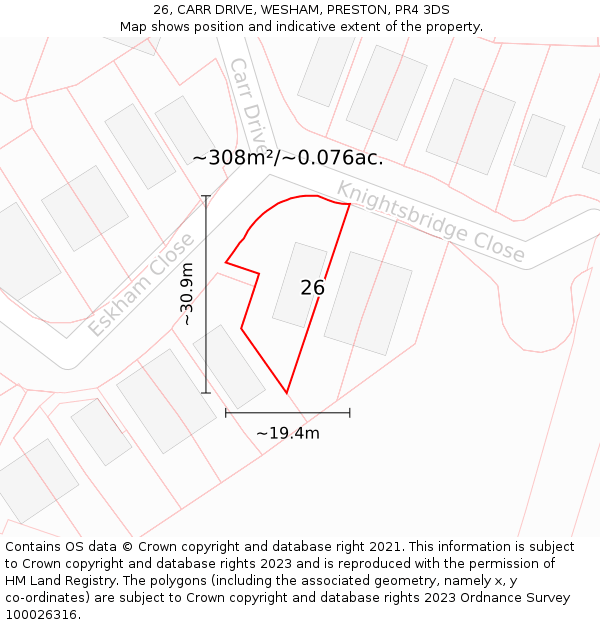 26, CARR DRIVE, WESHAM, PRESTON, PR4 3DS: Plot and title map