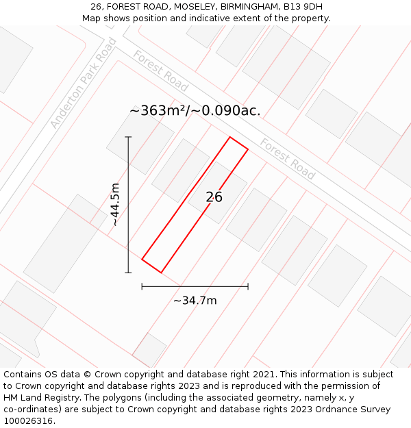 26, FOREST ROAD, MOSELEY, BIRMINGHAM, B13 9DH: Plot and title map