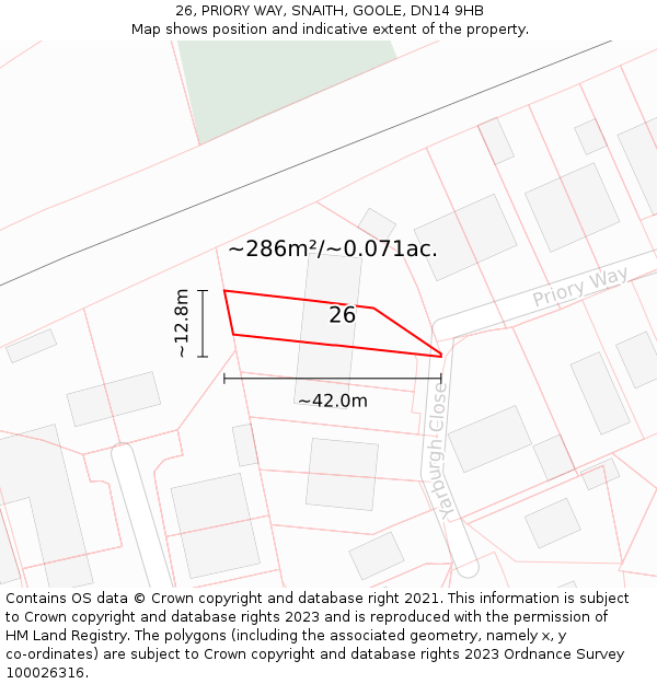 26, PRIORY WAY, SNAITH, GOOLE, DN14 9HB: Plot and title map