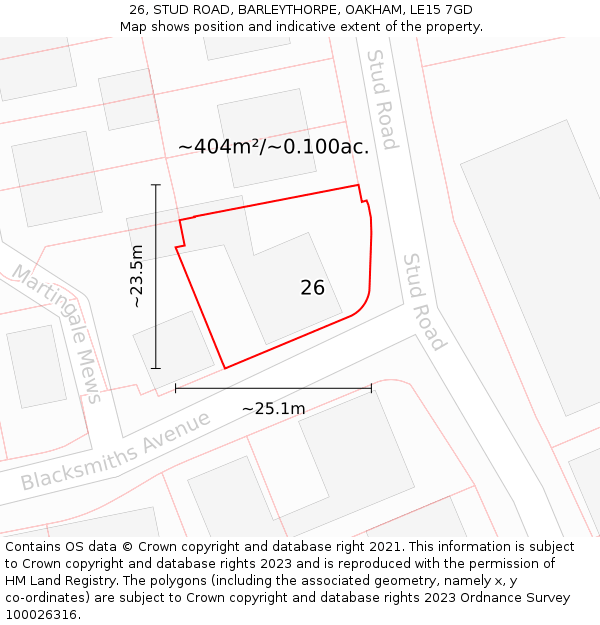 26, STUD ROAD, BARLEYTHORPE, OAKHAM, LE15 7GD: Plot and title map