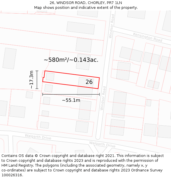 26, WINDSOR ROAD, CHORLEY, PR7 1LN: Plot and title map