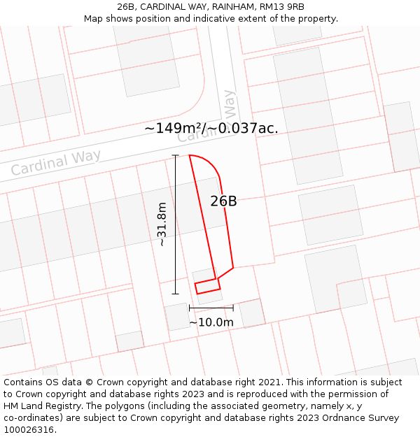 26B, CARDINAL WAY, RAINHAM, RM13 9RB: Plot and title map