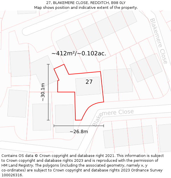27, BLAKEMERE CLOSE, REDDITCH, B98 0LY: Plot and title map
