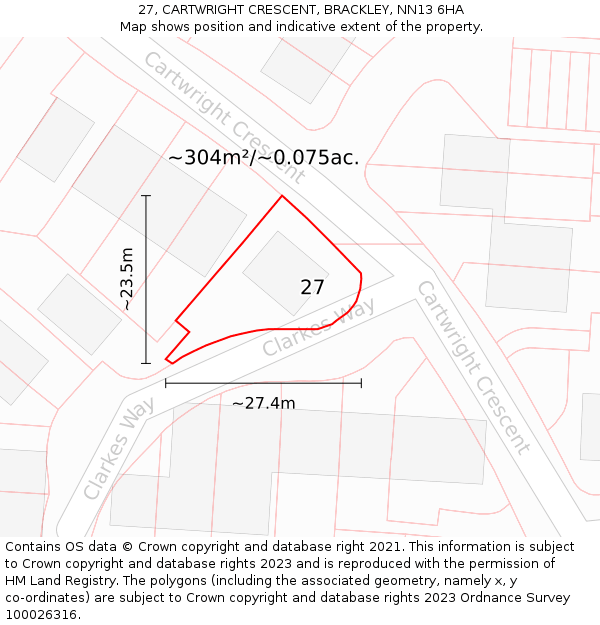 27, CARTWRIGHT CRESCENT, BRACKLEY, NN13 6HA: Plot and title map