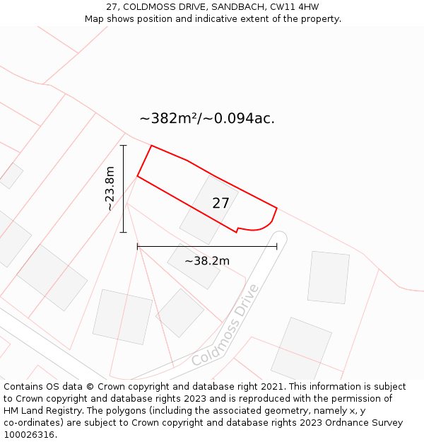 27, COLDMOSS DRIVE, SANDBACH, CW11 4HW: Plot and title map