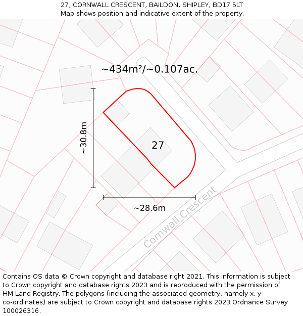 27, CORNWALL CRESCENT, BAILDON, SHIPLEY, BD17 5LT: Plot and title map