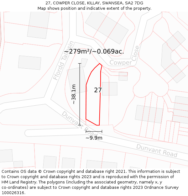 27, COWPER CLOSE, KILLAY, SWANSEA, SA2 7DG: Plot and title map