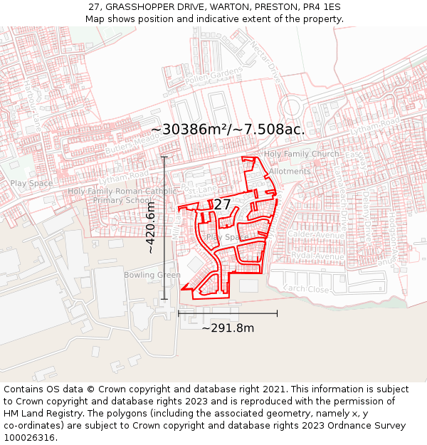 27, GRASSHOPPER DRIVE, WARTON, PRESTON, PR4 1ES: Plot and title map