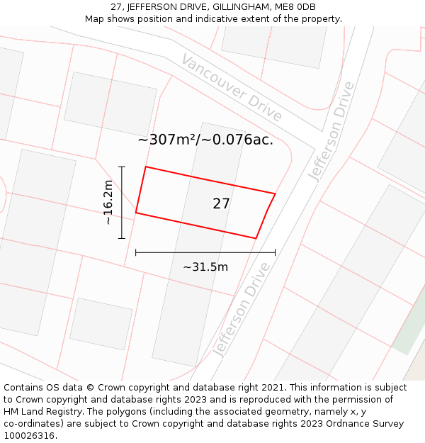 27, JEFFERSON DRIVE, GILLINGHAM, ME8 0DB: Plot and title map