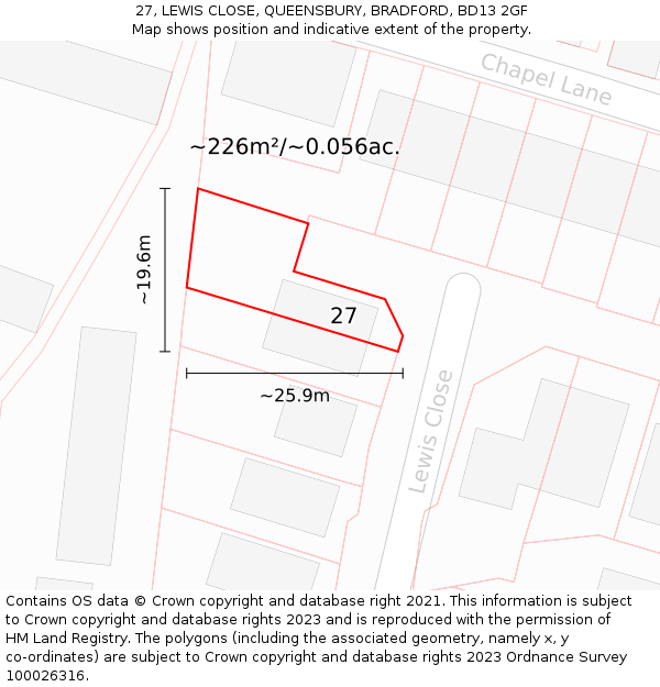 27, LEWIS CLOSE, QUEENSBURY, BRADFORD, BD13 2GF: Plot and title map
