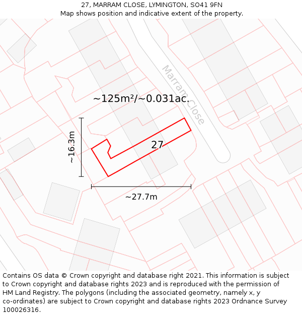 27, MARRAM CLOSE, LYMINGTON, SO41 9FN: Plot and title map