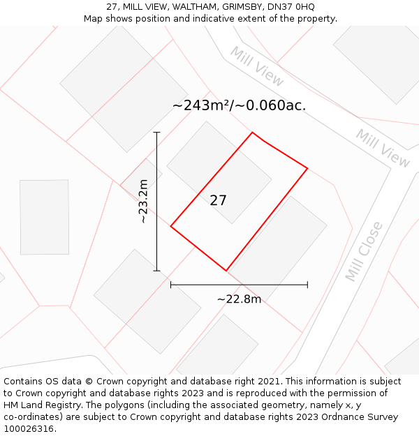 27, MILL VIEW, WALTHAM, GRIMSBY, DN37 0HQ: Plot and title map