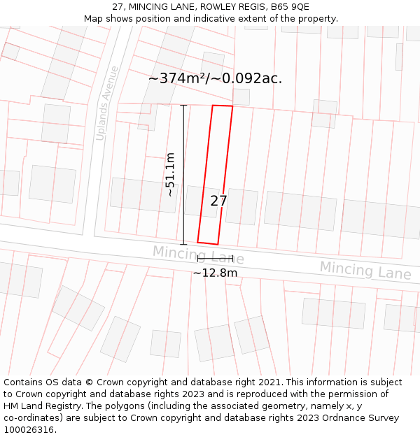 27, MINCING LANE, ROWLEY REGIS, B65 9QE: Plot and title map