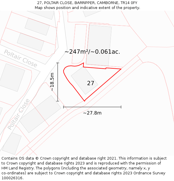 27, POLTAIR CLOSE, BARRIPPER, CAMBORNE, TR14 0FY: Plot and title map