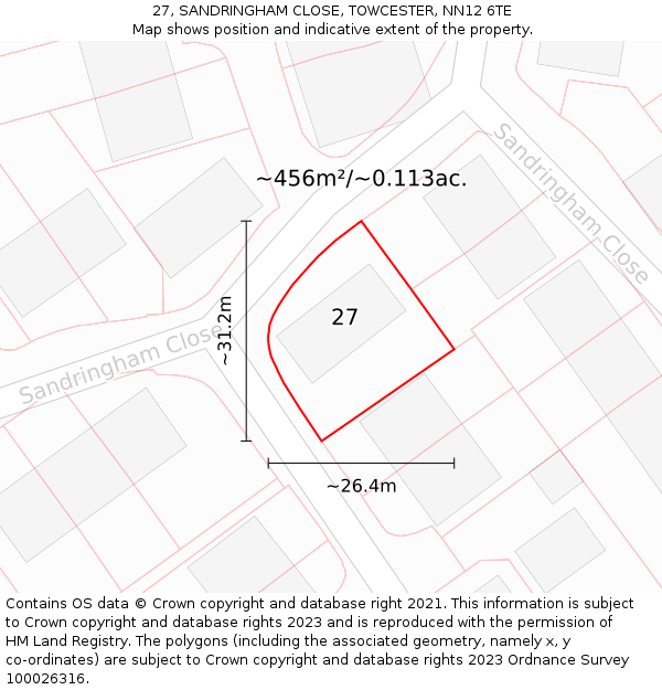 27, SANDRINGHAM CLOSE, TOWCESTER, NN12 6TE: Plot and title map