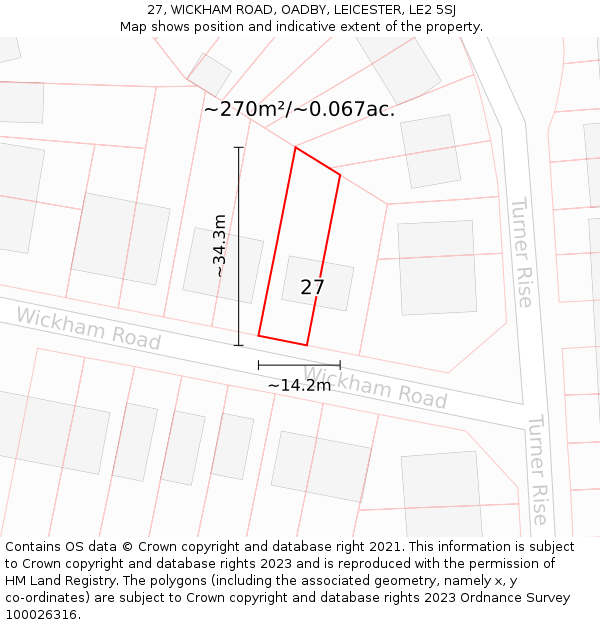 27, WICKHAM ROAD, OADBY, LEICESTER, LE2 5SJ: Plot and title map