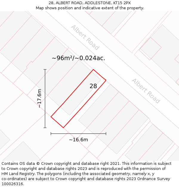 28, ALBERT ROAD, ADDLESTONE, KT15 2PX: Plot and title map