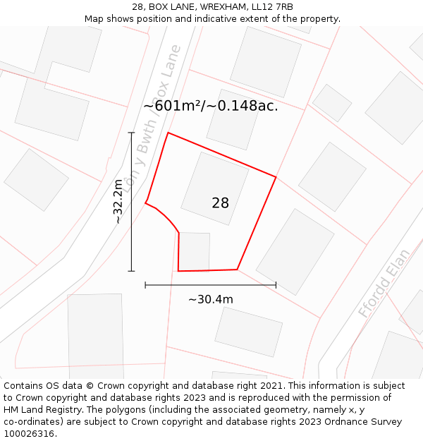 28, BOX LANE, WREXHAM, LL12 7RB: Plot and title map