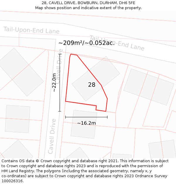 28, CAVELL DRIVE, BOWBURN, DURHAM, DH6 5FE: Plot and title map