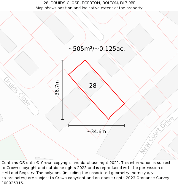 28, DRUIDS CLOSE, EGERTON, BOLTON, BL7 9RF: Plot and title map