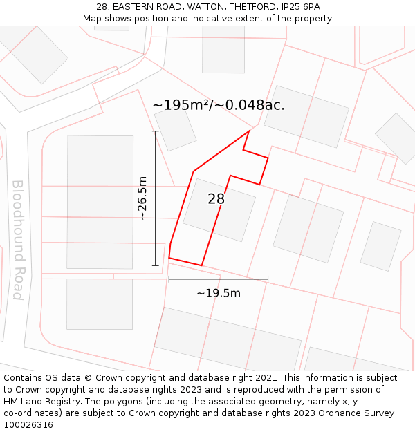 28, EASTERN ROAD, WATTON, THETFORD, IP25 6PA: Plot and title map