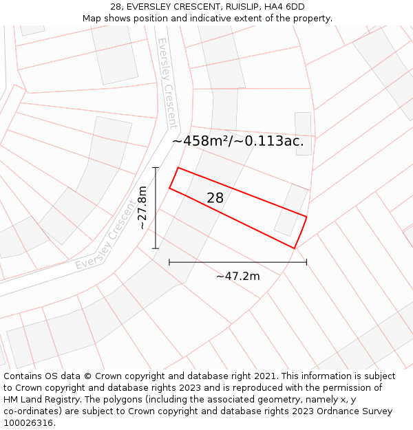 28, EVERSLEY CRESCENT, RUISLIP, HA4 6DD: Plot and title map