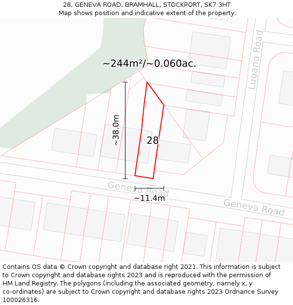 28, GENEVA ROAD, BRAMHALL, STOCKPORT, SK7 3HT: Plot and title map