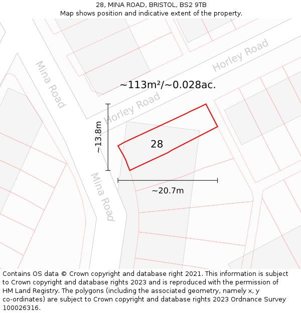 28, MINA ROAD, BRISTOL, BS2 9TB: Plot and title map