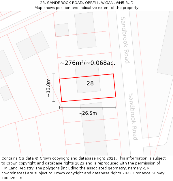 28, SANDBROOK ROAD, ORRELL, WIGAN, WN5 8UD: Plot and title map