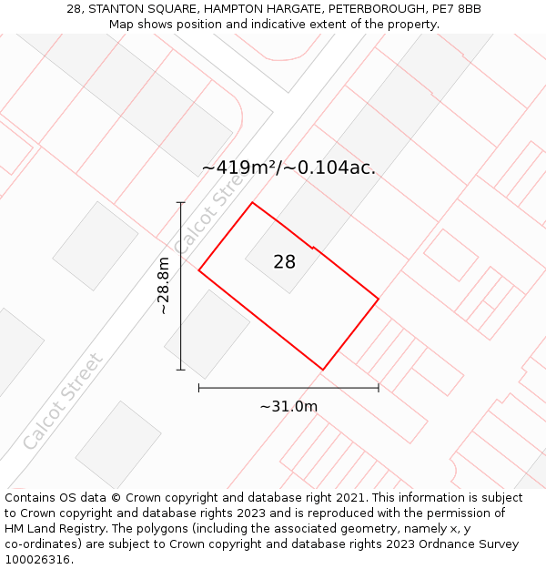 28, STANTON SQUARE, HAMPTON HARGATE, PETERBOROUGH, PE7 8BB: Plot and title map