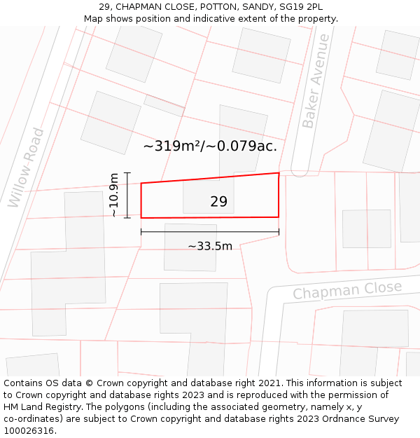 29, CHAPMAN CLOSE, POTTON, SANDY, SG19 2PL: Plot and title map