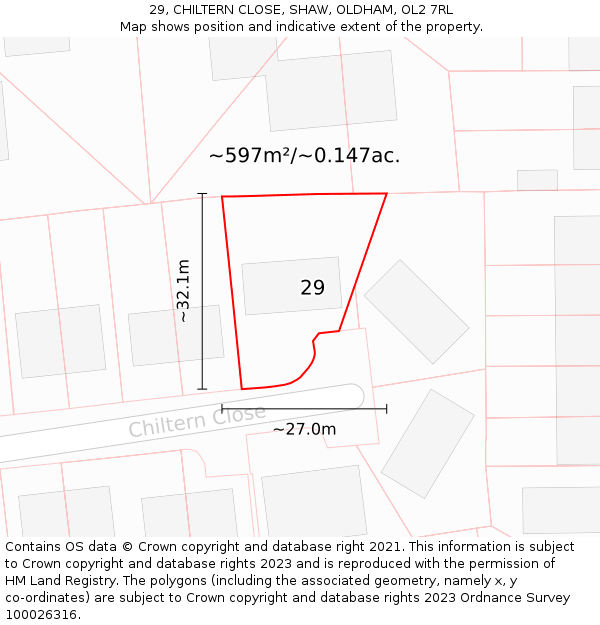 29, CHILTERN CLOSE, SHAW, OLDHAM, OL2 7RL: Plot and title map