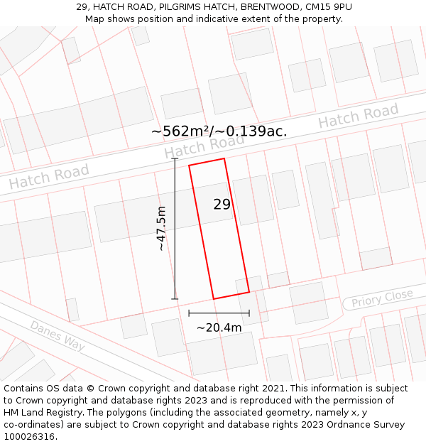 29, HATCH ROAD, PILGRIMS HATCH, BRENTWOOD, CM15 9PU: Plot and title map
