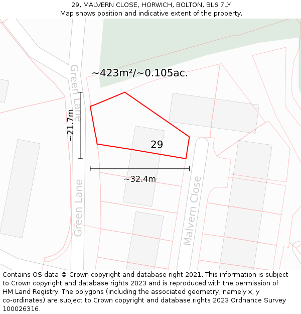 29, MALVERN CLOSE, HORWICH, BOLTON, BL6 7LY: Plot and title map