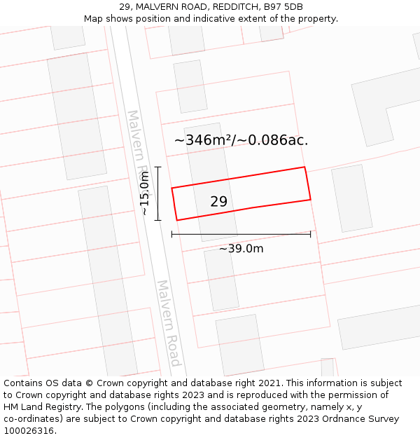 29, MALVERN ROAD, REDDITCH, B97 5DB: Plot and title map