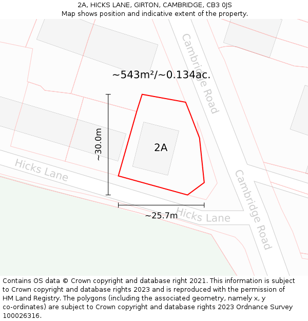 2A, HICKS LANE, GIRTON, CAMBRIDGE, CB3 0JS: Plot and title map
