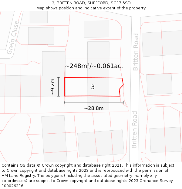 3, BRITTEN ROAD, SHEFFORD, SG17 5SD: Plot and title map