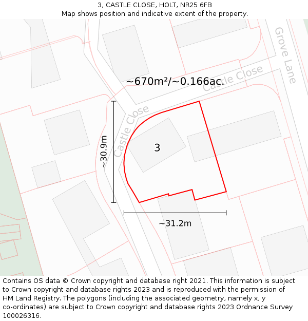 3, CASTLE CLOSE, HOLT, NR25 6FB: Plot and title map