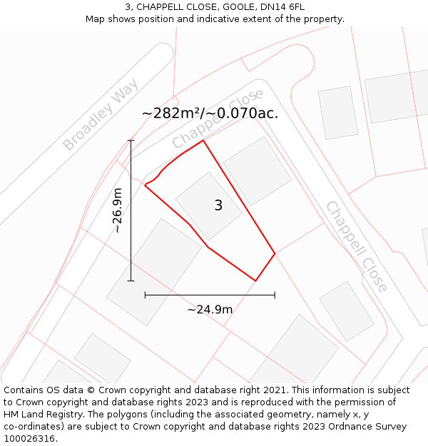 3, CHAPPELL CLOSE, GOOLE, DN14 6FL: Plot and title map