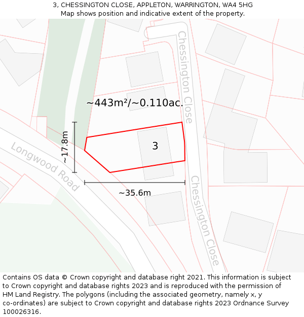 3, CHESSINGTON CLOSE, APPLETON, WARRINGTON, WA4 5HG: Plot and title map