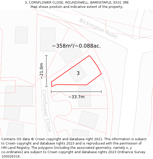 3, CORNFLOWER CLOSE, ROUNDSWELL, BARNSTAPLE, EX31 3RE: Plot and title map