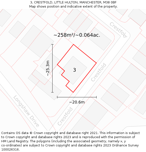 3, CRESTFOLD, LITTLE HULTON, MANCHESTER, M38 0BF: Plot and title map
