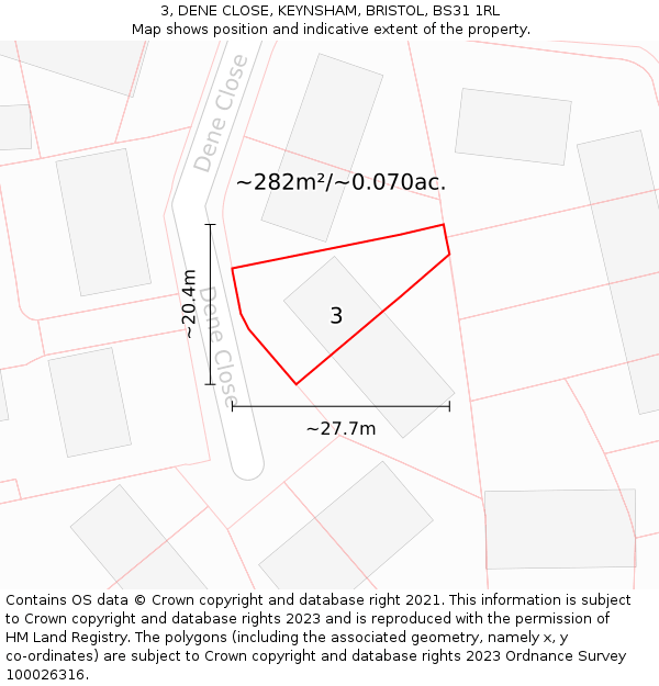 3, DENE CLOSE, KEYNSHAM, BRISTOL, BS31 1RL: Plot and title map