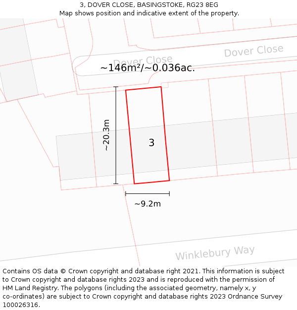 3, DOVER CLOSE, BASINGSTOKE, RG23 8EG: Plot and title map