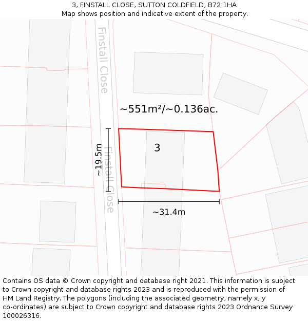 3, FINSTALL CLOSE, SUTTON COLDFIELD, B72 1HA: Plot and title map