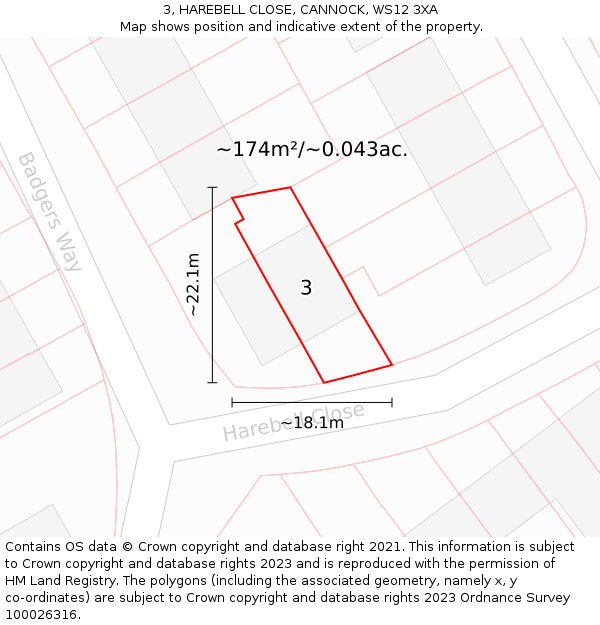 3, HAREBELL CLOSE, CANNOCK, WS12 3XA: Plot and title map