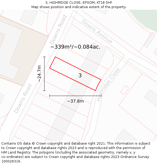 3, HIGHRIDGE CLOSE, EPSOM, KT18 5HF: Plot and title map